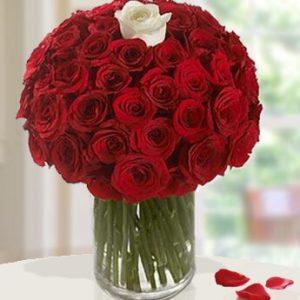 Μπουκέτο με 60 Κόκκινα Τριαντάφυλλα και Ένα Λευκό σε Βάζο - ΜΠΟΥ 072242